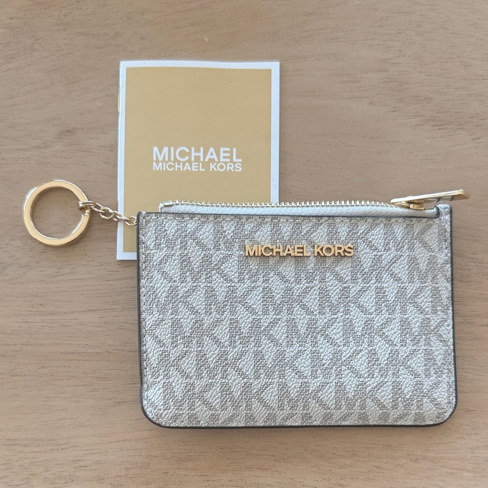 New! Michael Kors Cream Monogram Keychain Pouch